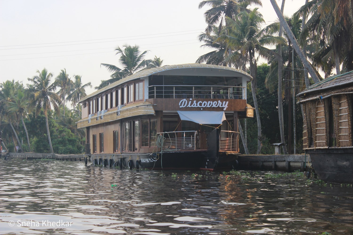 A houseboat moored among coconut palms on the Alappuzha backwaters