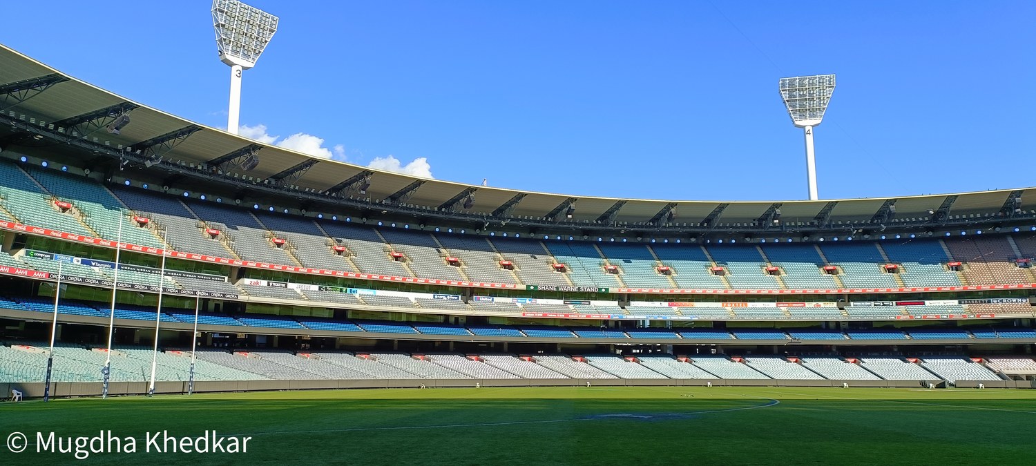 The empty stands and field of the Melbourne Cricket Ground