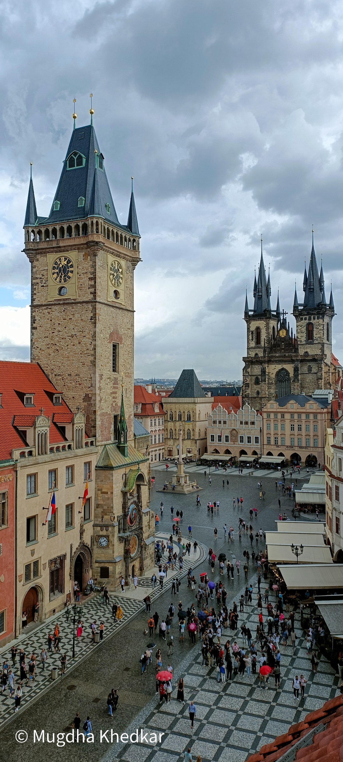 Prague's Old Town Square from above, with the Old Town Hall tower and the Church of Our Lady before Týn